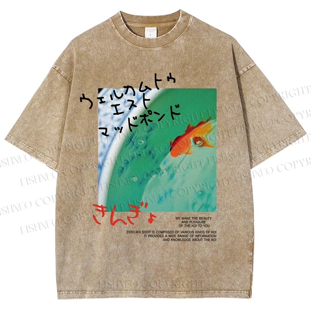 Unisex Lotus Pond Goldfish Printed Washed Tee