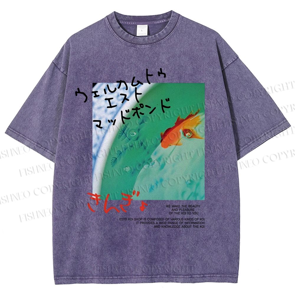 Unisex Lotus Pond Goldfish Printed Washed Tee