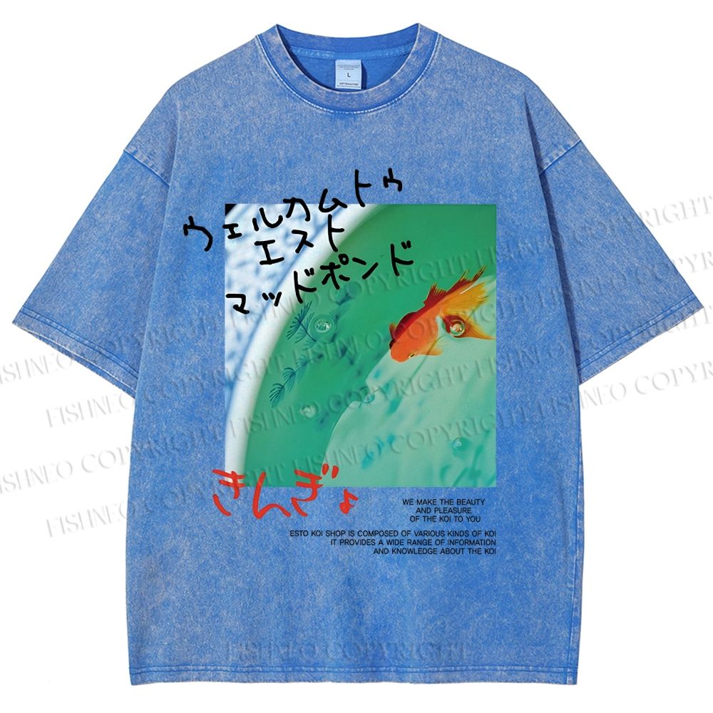 Unisex Lotus Pond Goldfish Printed Washed Tee