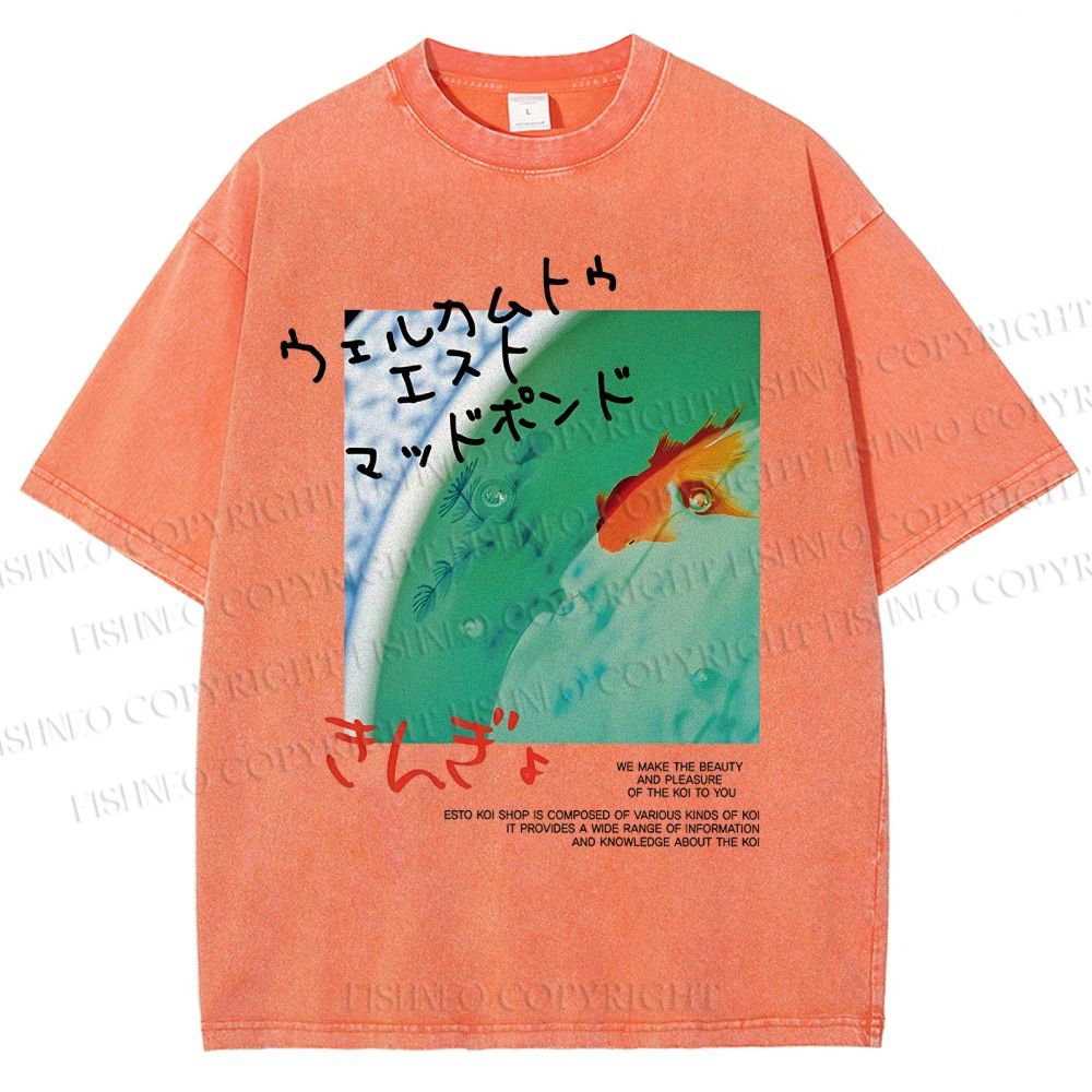 Unisex Lotus Pond Goldfish Printed Washed Tee