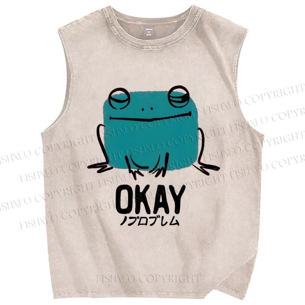 Unisex Okay Frog Printed Washed Tank Top