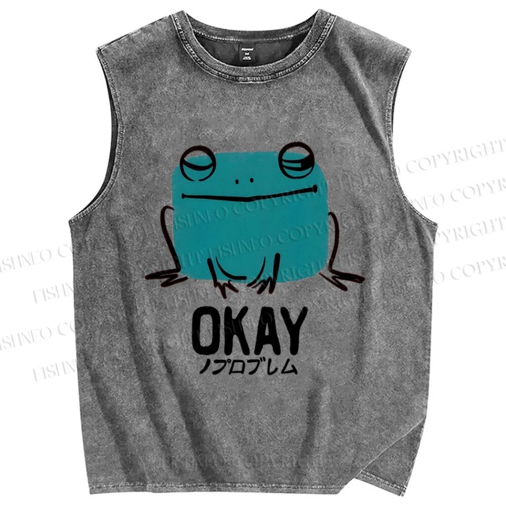 Unisex Okay Frog Printed Washed Tank Top