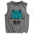 Unisex Okay Frog Printed Washed Tank Top