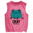 Unisex Okay Frog Printed Washed Tank Top