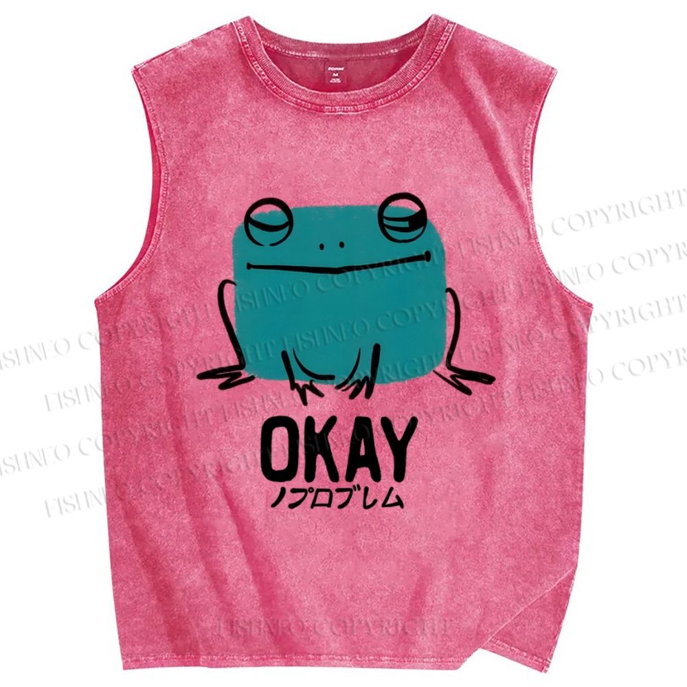 Unisex Okay Frog Printed Washed Tank Top