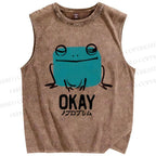 Unisex Okay Frog Printed Washed Tank Top