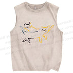 Unisex Artistic Colorful Cat Printed Washed Tank Top