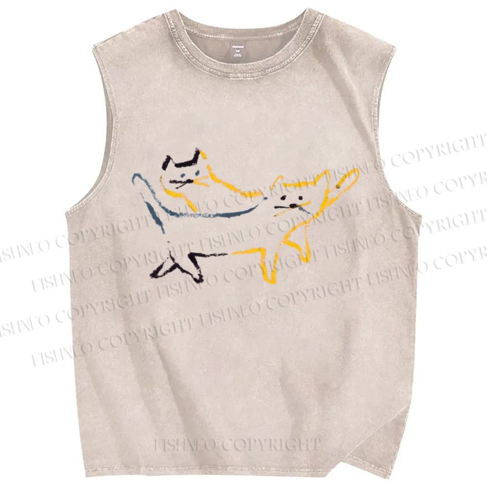 Unisex Artistic Colorful Cat Printed Washed Tank Top