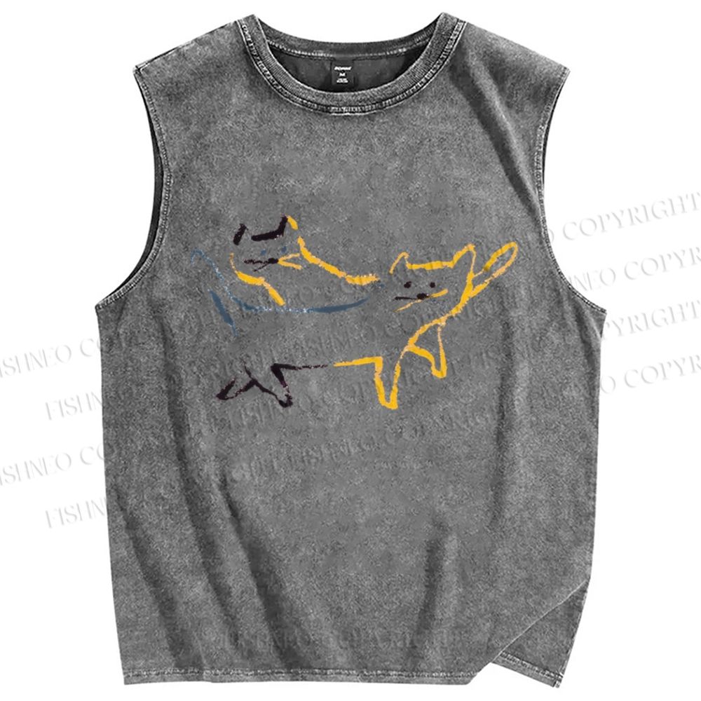 Unisex Artistic Colorful Cat Printed Washed Tank Top