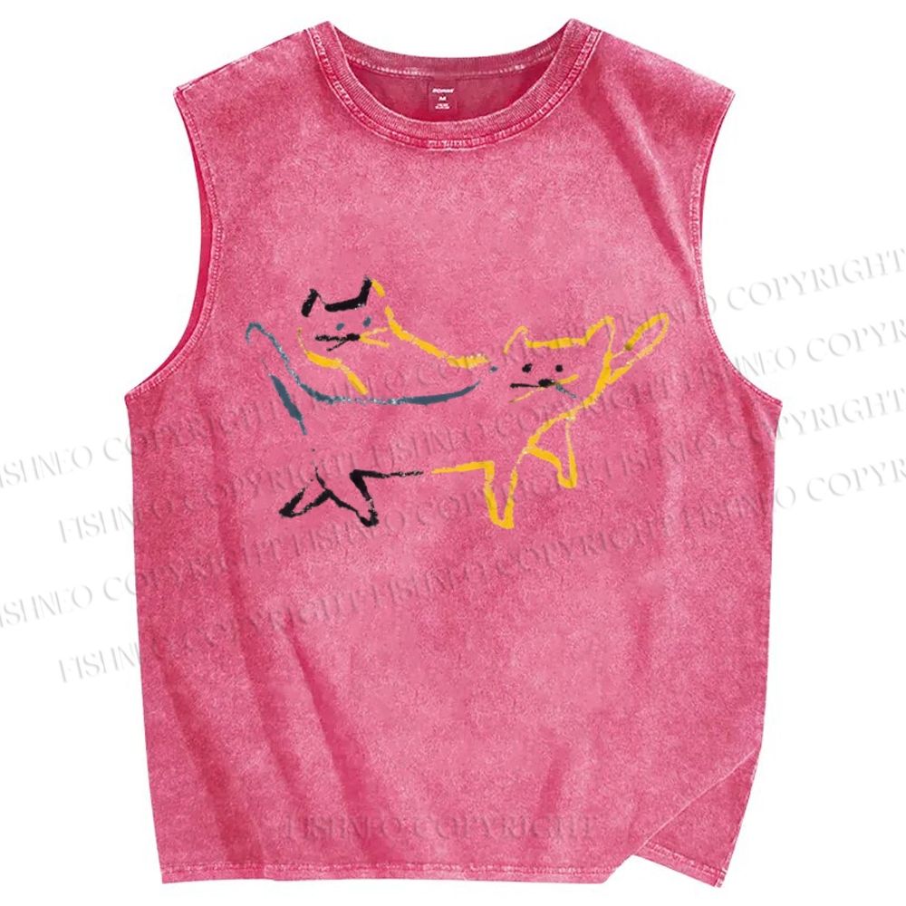 Unisex Artistic Colorful Cat Printed Washed Tank Top
