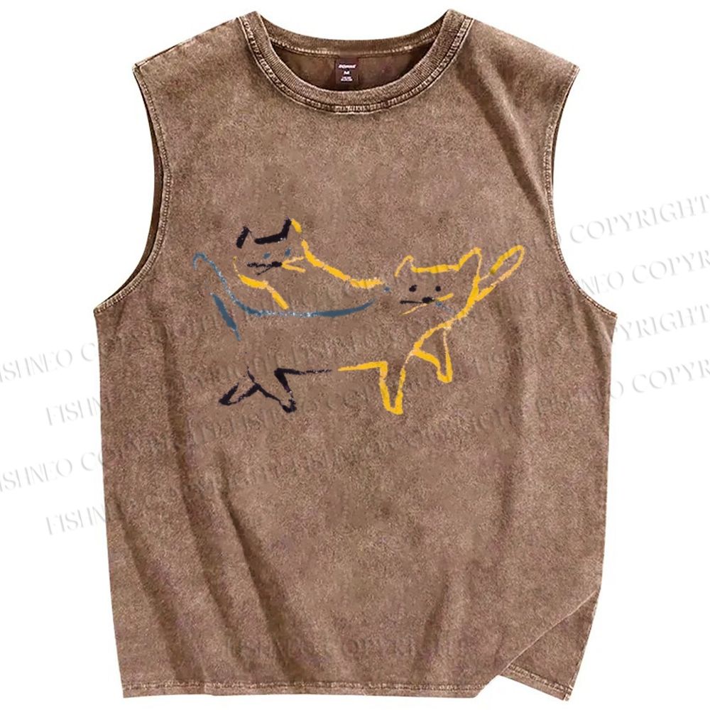 Unisex Artistic Colorful Cat Printed Washed Tank Top