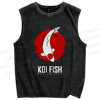 Unisex Koi Fish Printed Washed Tank Top