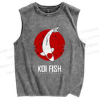 Unisex Koi Fish Printed Washed Tank Top