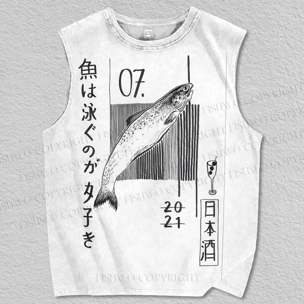 Unisex Japanese Sake Fish Printed Tank Top