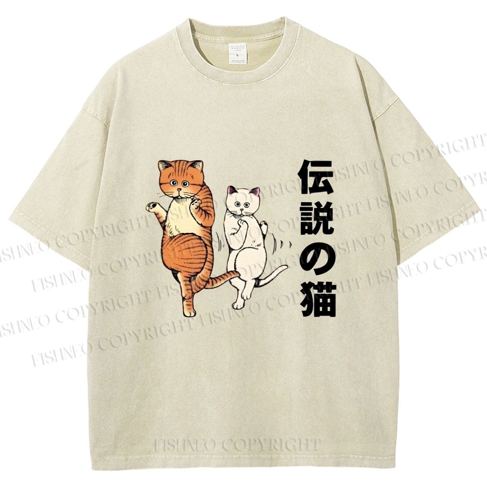 Unisex Japanese Funny Cat Printed Washed Tee