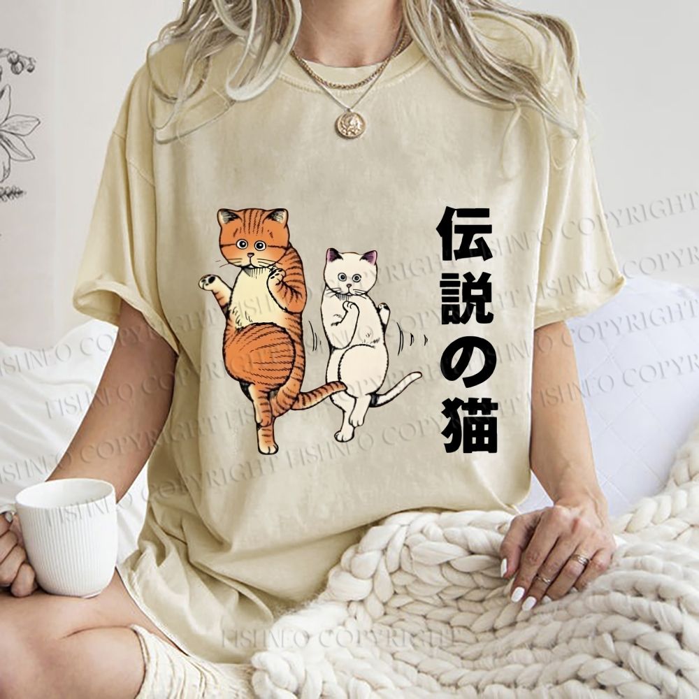 Unisex Japanese Funny Cat Printed Washed Tee