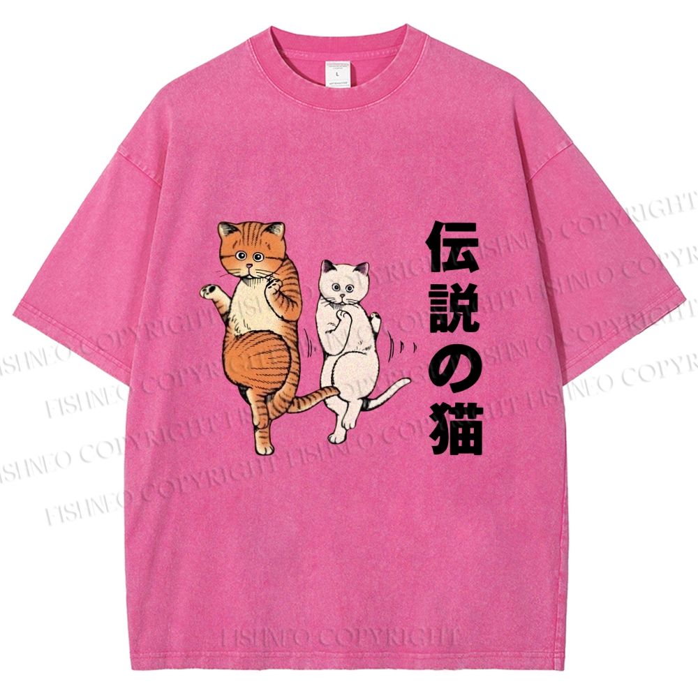 Unisex Japanese Funny Cat Printed Washed Tee
