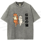 Unisex Japanese Funny Cat Printed Washed Tee