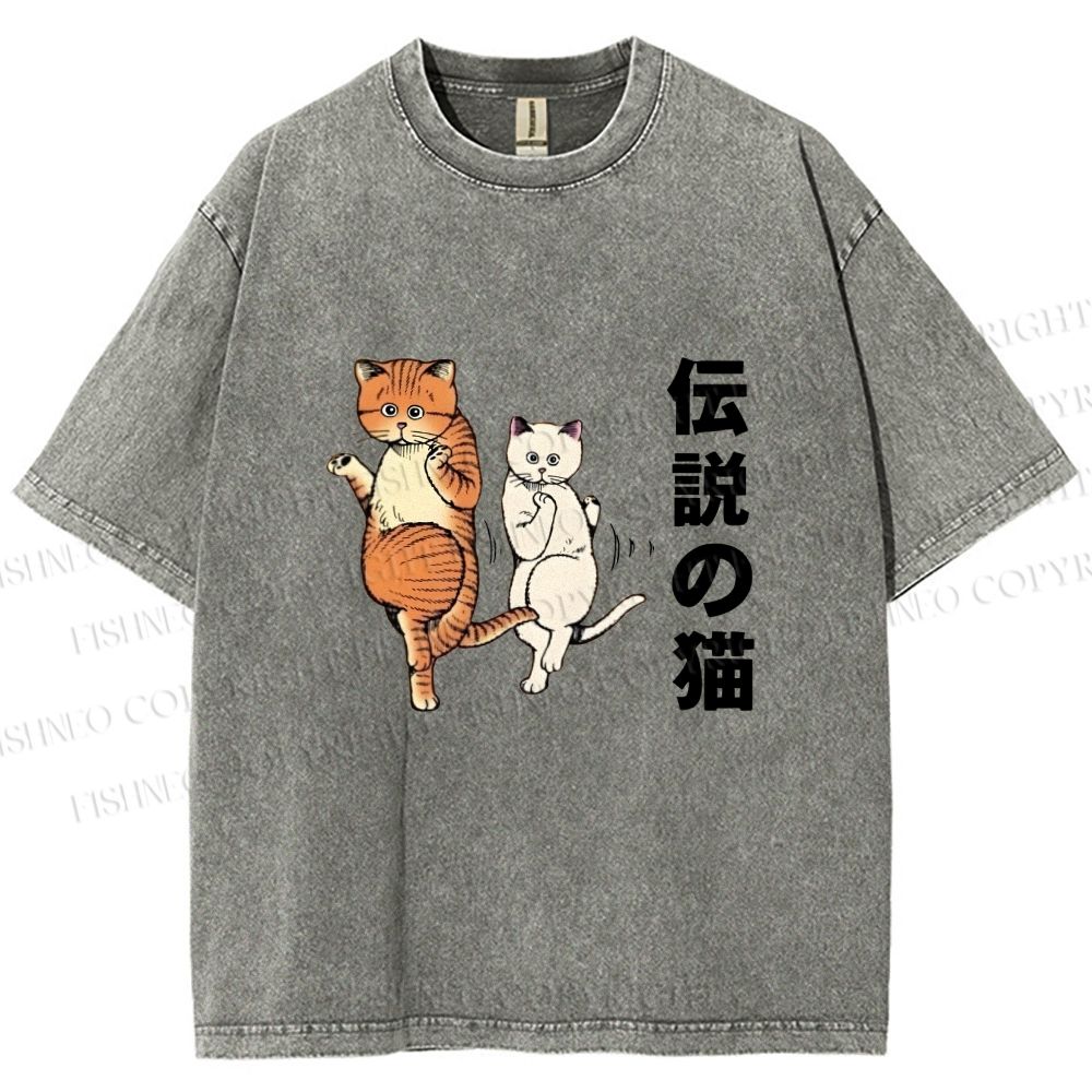 Unisex Japanese Funny Cat Printed Washed Tee