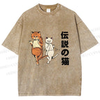 Unisex Japanese Funny Cat Printed Washed Tee