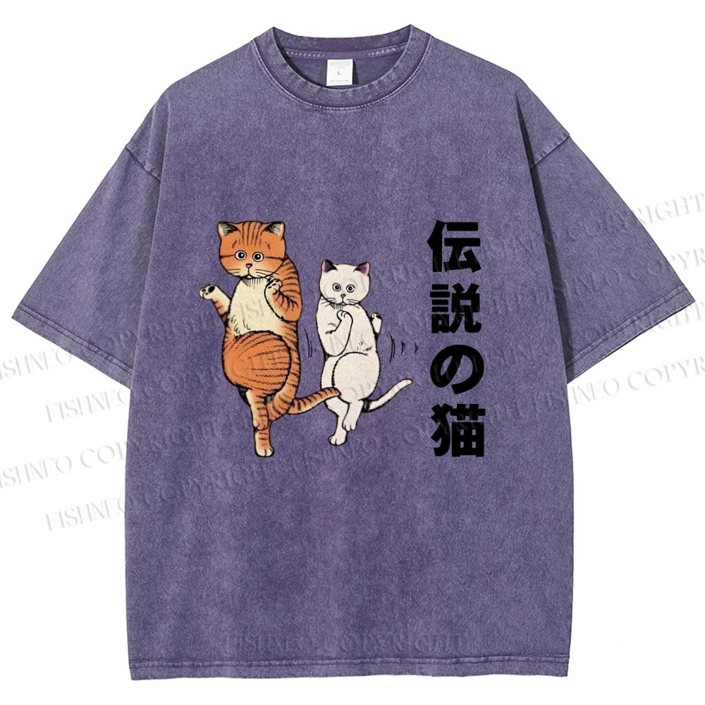 Unisex Japanese Funny Cat Printed Washed Tee