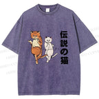 Unisex Japanese Funny Cat Printed Washed Tee