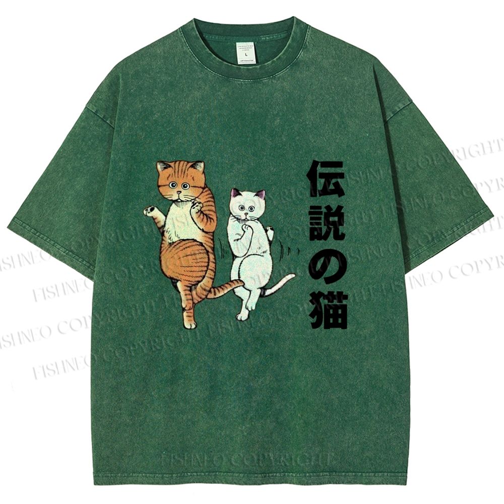 Unisex Japanese Funny Cat Printed Washed Tee
