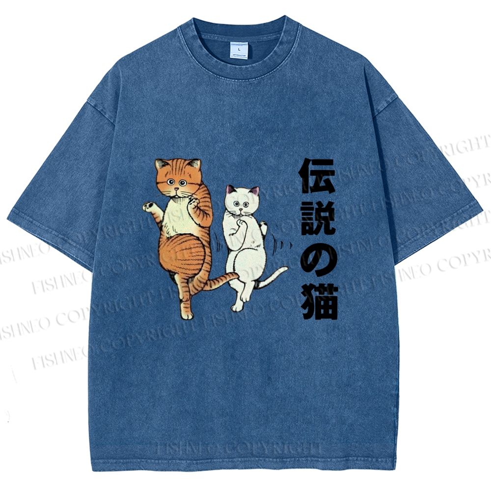 Unisex Japanese Funny Cat Printed Washed Tee