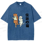 Unisex Japanese Funny Cat Printed Washed Tee