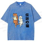 Unisex Japanese Funny Cat Printed Washed Tee