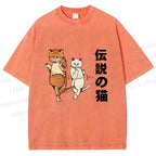 Unisex Japanese Funny Cat Printed Washed Tee