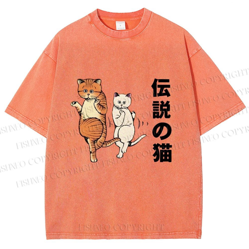 Unisex Japanese Funny Cat Printed Washed Tee