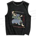 Unisex Vintage Japanese Cat Samurai Printed Washed Tank Top