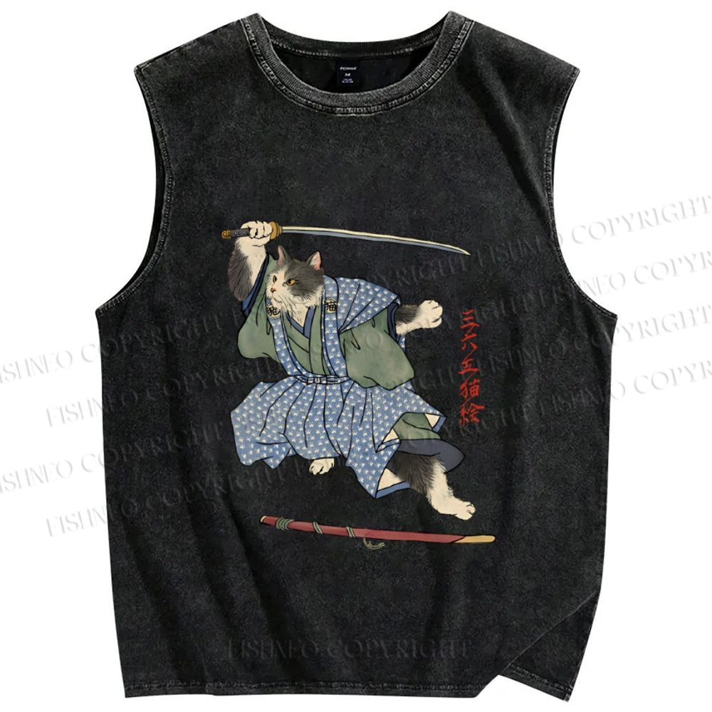 Unisex Vintage Japanese Cat Samurai Printed Washed Tank Top
