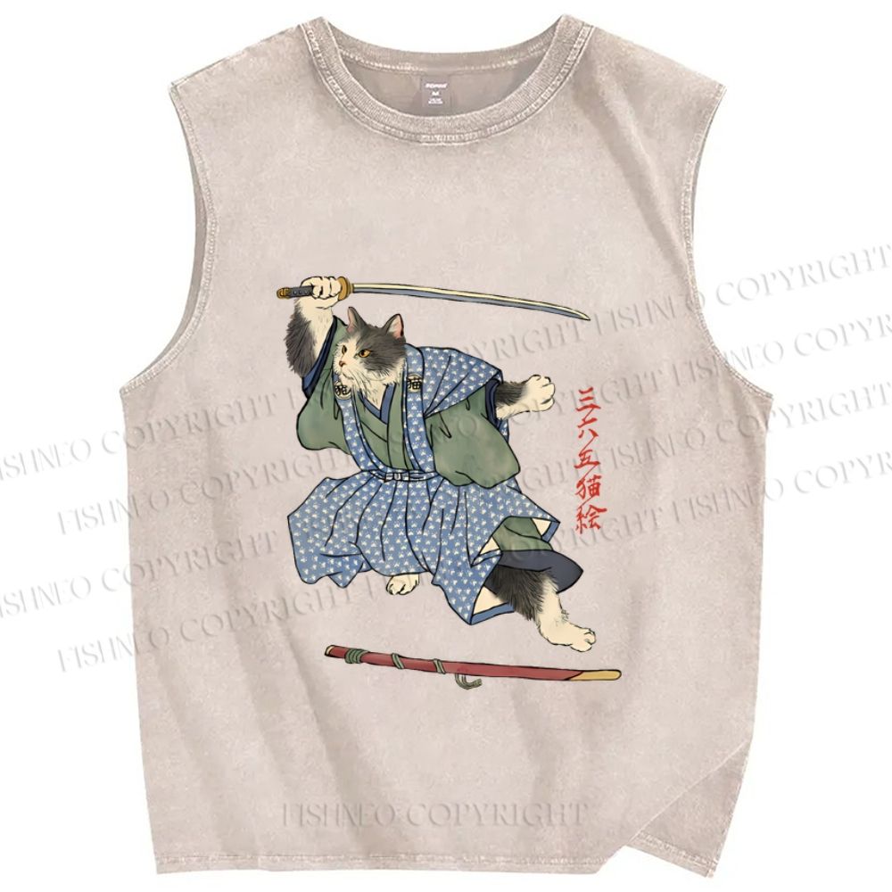 Unisex Vintage Japanese Cat Samurai Printed Washed Tank Top