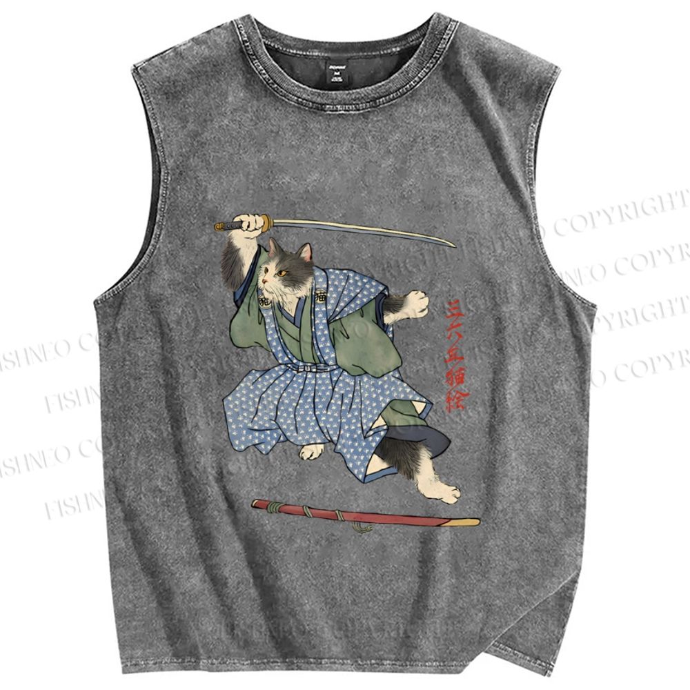 Unisex Vintage Japanese Cat Samurai Printed Washed Tank Top