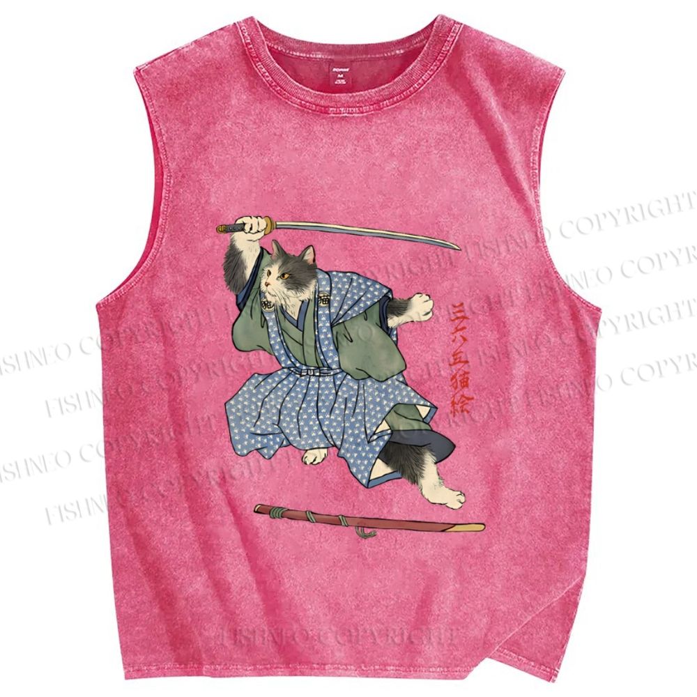 Unisex Vintage Japanese Cat Samurai Printed Washed Tank Top