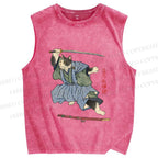 Unisex Vintage Japanese Cat Samurai Printed Washed Tank Top