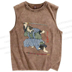 Unisex Vintage Japanese Cat Samurai Printed Washed Tank Top