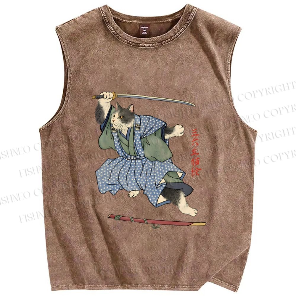 Unisex Vintage Japanese Cat Samurai Printed Washed Tank Top