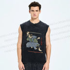 Unisex Vintage Japanese Cat Samurai Printed Washed Tank Top