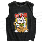 Unisex Japanese Fortune Cat Printed Washed Tank Top