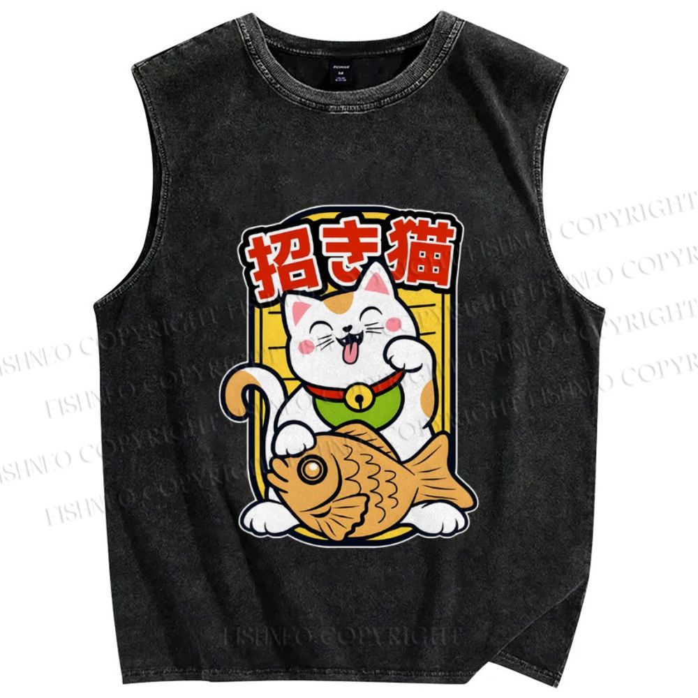 Unisex Japanese Fortune Cat Printed Washed Tank Top