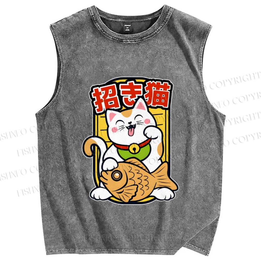 Unisex Japanese Fortune Cat Printed Washed Tank Top