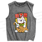 Unisex Japanese Fortune Cat Printed Washed Tank Top