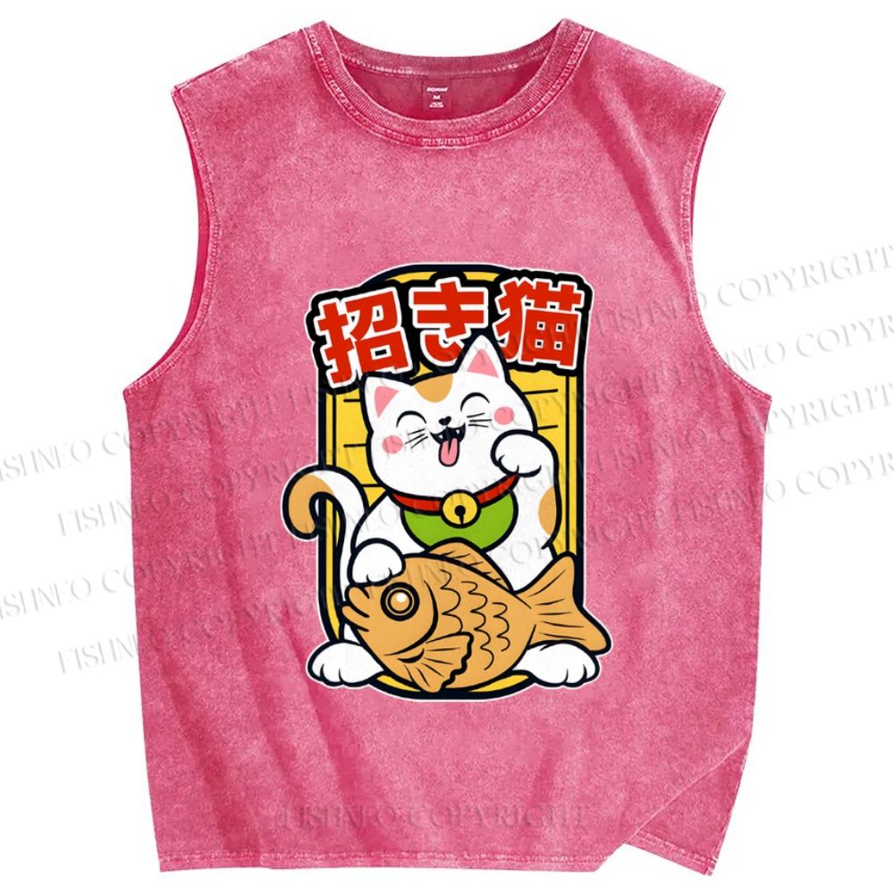Unisex Japanese Fortune Cat Printed Washed Tank Top