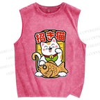 Unisex Japanese Fortune Cat Printed Washed Tank Top
