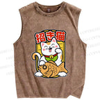 Unisex Japanese Fortune Cat Printed Washed Tank Top