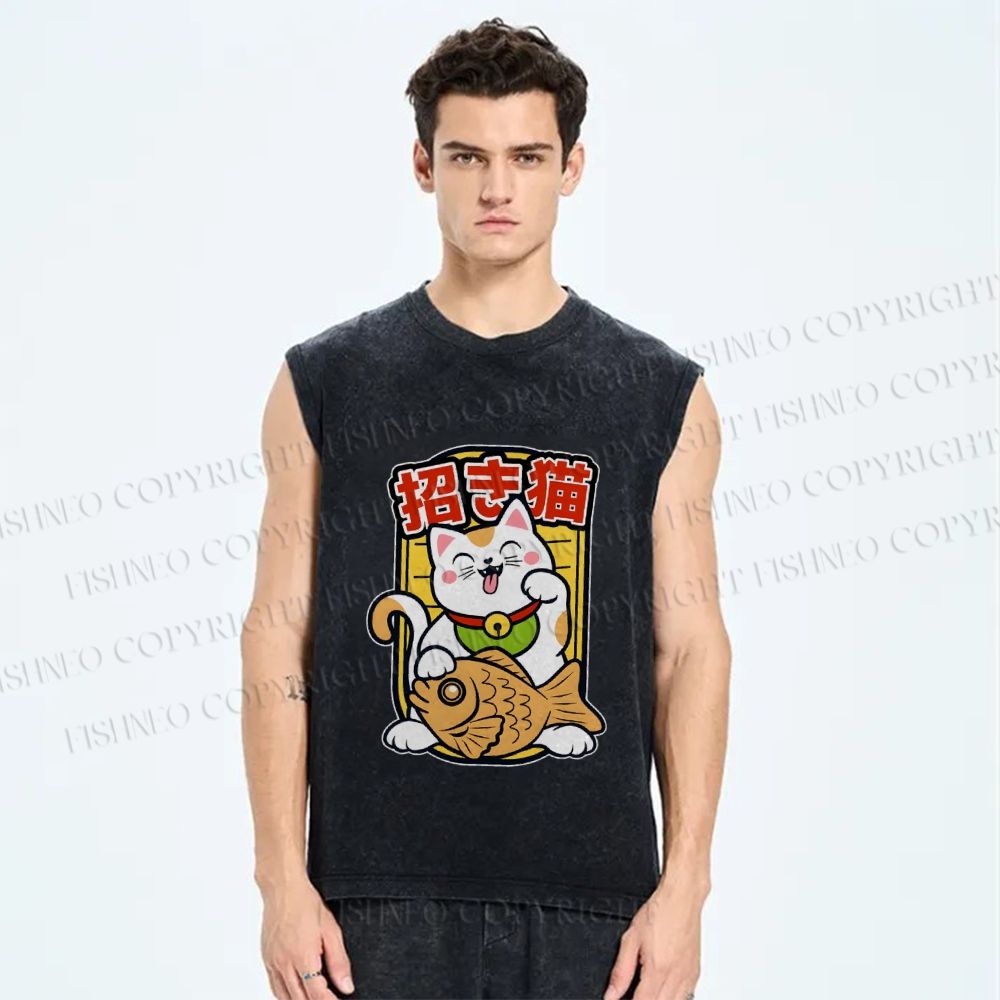 Unisex Japanese Fortune Cat Printed Washed Tank Top