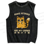 Unisex Vintage Panic Cat Printed Washed Tank Top